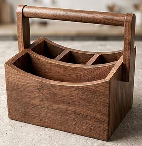 Panier porte-couverts multifonction en bois fait main avec poignée pliable, support à cuillères à 4 compartiments, organisateur de table de cuisine - Product Image 2