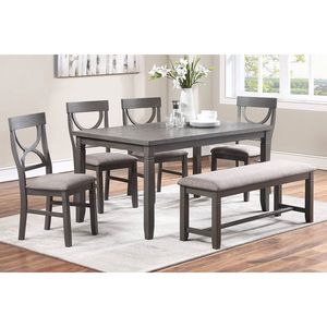 Set di Mobili per Sala da Pranzo Rettangolare 6 Pezzi, Finitura Grigia in MDF e Legno di Gomma, Tavolo Rettangolare e 4 Sedie Laterali con Panca - Product Image 2