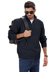 Men's Navy Blue <b>Cable</b> <b>Knit</b> Quarter Zip <b>Sweater</b> Regular Fit Wool Solid Color Casual Winter Pullover Stand Collar Anti-Pilling - Product Image 5