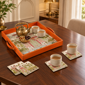 Plateau artisanal moderne en bois naturel émaillé avec 4 sous-verres – Ensemble de service décoratif multifonctionnel pour table basse et repas - Product Image 3