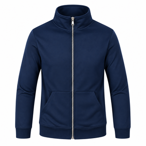 <b>Women's</b> Navy Blue <b>Zip</b>-<b>Up</b> Sweatshirt Stand Collar Full Sleeve Knitted Solid Color Breathable Autumn Casual <b>Jacket</b> - Product Image 1