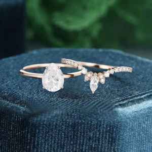 Ensemble de bagues de fiançailles en moissanite en forme de poire, vintage, argent sterling 925, plaqué or 14 carats, style Art Déco, bague de mariée - Product Image 4