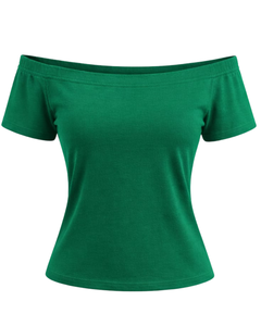T-shirt vert émeraude pour femme, épaules dénudées, manches courtes, coupe ajustée, décontracté, haut d'été, tee-shirt tendance pour femme, fabricant OEM personnalisé - Product Image 1