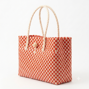 Eco-friendly Waterproof Durable Ladies Handbag Recycled <b>Plastic</b> Material Loop & Button Closure Woven Bag Red and White Color - Product Image 4