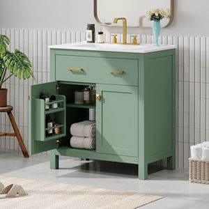 Mobile Bagno Moderno Verde da 30 Pollici con Armadietto Singolo, 2 Ante con Chiusura Ammortizzata e 1 Ripiano, con Lavabo in Ceramica - Product Image 2