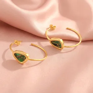 Boucles d'oreilles créoles en laiton plaqué or 18 carats pour femme, émeraude, cuivre, turquoise, bijoux fantaisie faits à la main, tendance pour les soirées - Product Image 1