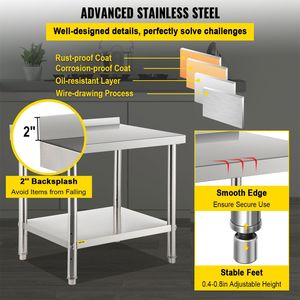 Heavy Duty 36 X 24 X 35 Inch Stainless Steel <b>Prep</b> <b>Table</b> 440lbs Load Capacity Commercial <b>Kitchen</b> Worktable Adjustable Backsplash - Product Image 5