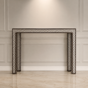 Table console moderne de luxe avec incrustations en os, plateau en métal et rangement pour entrée, salon, chambre à coucher - Product Image 1