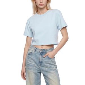 T-shirt court ample bleu ciel pour femme, col rond, en coton, basique, décontracté, vente en gros, vierge - Product Image 5