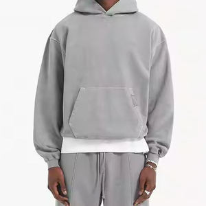 Sudadera con Capucha Extra Grande para Hombre, Color Gris Sólido, Algodón French Terry, Diseño con Bolsillos, Ropa Casual de Otoño - Product Image 1