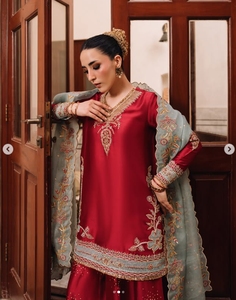 Women's Red Silk Salwar Kameez With Embroidered Dupatta Traditional Indian Pakistani Wedding Outfit Regular Fit Ankle-Length - Product Image 1