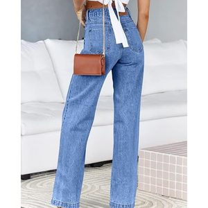 Jeans de Mezclilla Casuales para Mujer, Corte Recto, Cintura Alta, Ajuste Holgado, 100% Algodón Tejido, Color Azul Lavado - Product Image 3