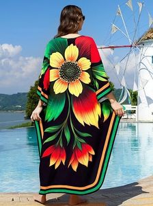 Robe longue florale à col en V, manches trois-quarts, coupe ample, style bohème, vêtements de plage pour femmes, polyester léger - Product Image 6