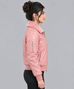 Pink Genuine Leather Winter Solid Woven Jacket for <b>Women</b> <b>Sherpa</b> Lined Bomber <b>Coat</b> Zip up Collar Casual Wear - Product Image 3