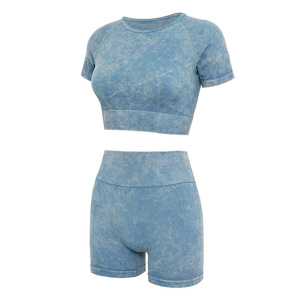 Conjunto de Top Corto y Pantalones Cortos de Color Sólido para Mujer, Cuello Redondo, Manga Corta, Transpirable, de Algodón y Elastano, Ropa Deportiva Informal de Verano - Product Image 2