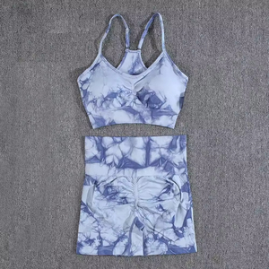 Conjunto de Yoga Tie Dye de 2 Piezas, Top Corto de Cintura Alta y Pantalones Cortos, Ropa Deportiva sin Costuras con Espalda Cruzada para Mujer, Spandex y Poliéster con Elasticidad en Cuatro Direcciones - Product Image 5
