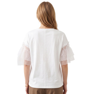Chemisier blanc personnalisé pour femme à manches volantées transparentes, broderie chenille, coupe ample, col rond, style décontracté - Product Image 2