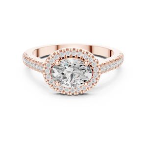 Bague en Moissanite Ovale Couleur D avec Halo et Pavé, Plaqué Or Rose sur Argent, Cadeau d'Anniversaire pour Petite Amie - Product Image 1