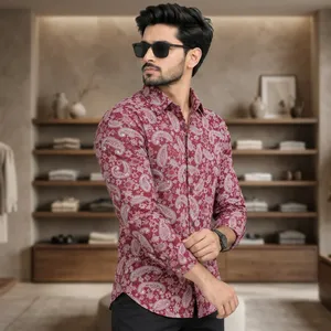 <b>Men's</b> <b>Red</b> Paisley Batik Knitted Eco-Friendly Long Sleeve Casual <b>Shirt</b> Turn-down Collar 100% Cotton Breathable Summer Wear - Product Image 1