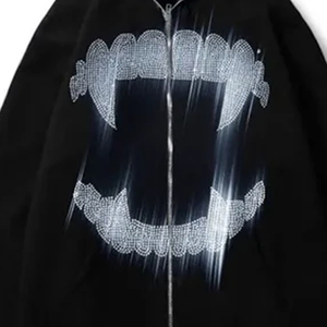Sudadera con capucha negra para hombre, diseño de boca con pedrería, cremallera extragrande, estilo urbano, para otoño - Product Image 2