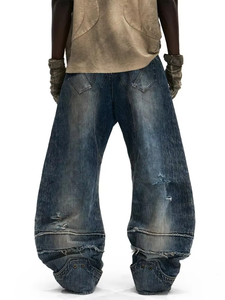 High Quality Custom Embroidery Grommets Ripped Distress Zippers Wide Leg Fit Streetwear Hiphop Cotton OEM ODM Men's Denim <b>Jeans</b> - Product Image 2