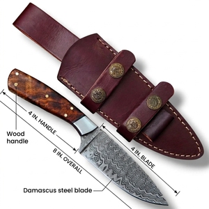 Couteau de chasse à lame fixe en acier Damas fait main, manche en bois de rose, étui en cuir, couteau utilitaire pour bushcraft, camping, EDC, Skinner - Product Image 4