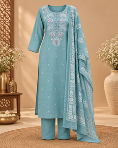 Ensemble trois pièces Kurta, pantalon et dupatta brodé bleu ciel pour femme, motif floral, tenue ethnique indienne, fabricant et fournisseur en gros - Product Image 2