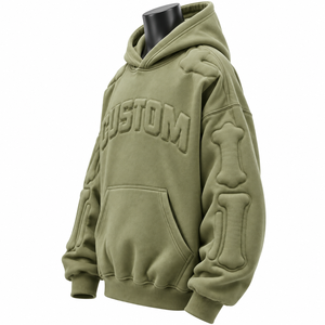 Sweat à capuche unisexe vert olive avec lettres 3D en relief, manches à motif os, streetwear, 100% coton, hiver - Product Image 2