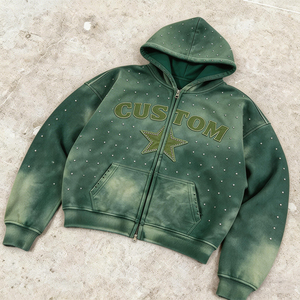 Sudadera con Capucha y Cremallera Bordada Personalizada para Hombre, Estilo Urbano Oversize, Diseño de Estrella Verde con Pedrería, Tejido French Terry, Ropa de Otoño - Product Image 1