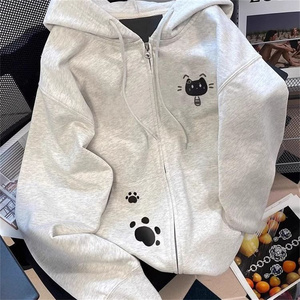 Sweat à capuche unisexe en coton blanc avec imprimé chat et motif patte, coupe oversize, décontracté, pour l'automne - Product Image 5