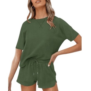 Conjunto Casual de Dos Piezas para Mujer, Verano, Jersey y Pantalones Cortos, Tejido de Punto, Corte Holgado con Decoración de Encaje, para Casa y Deportes - Product Image 1