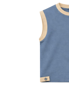 Ensemble décontracté homme été : Haut sans manches et short contrastant bleu beige, taille à cordon, en mélange de coton respirant, doux et confortable - Product Image 3
