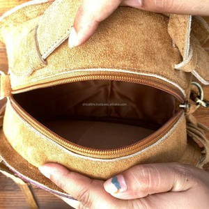 Handmade Hair on Cowhide Fringe Canteen Bag for Women's Western Laser Embossed Floral Round Crossbody Bag Suede Leather <b>Handbags</b> - Product Image 6