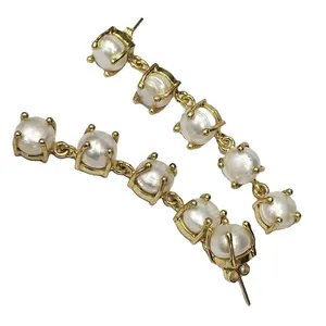 925ต่างหูเงินแท้สไตล์วินเทจทำมือดีไซน์เนอร์ทองคำขัดเงาเพชรมุกธรรมชาติ - Product Image 4