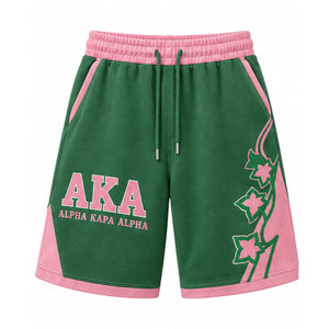 Alpha Kapa Alpha <b>Pink</b> Cotton <b>Shorts</b> With Green Trim Embroidered Logo Front Drawstring Mid Waist Casual Style - Product Image 5