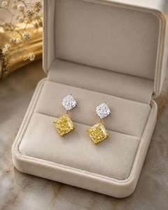 Hot Selling Luxury Fancy Color <b>Diamond</b> Drop Earrings Cushion Cut Lab Grown 14K Two Tone Gold OM GEMS - Product Image 4