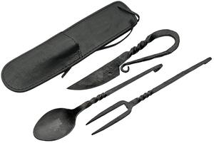 Ensemble de couverts médiévaux Viking faits à la main pour l'extérieur, couteau, cuillère, fourchette, avec étui en cuir – Idéal comme cadeau - Product Image 2