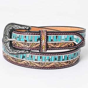 Nuevos diseños Cinturones hechos a mano de cuero real Cinturones occidentales con estilo de cuero Cinturones de color turquesa unisex India - Product Image 4