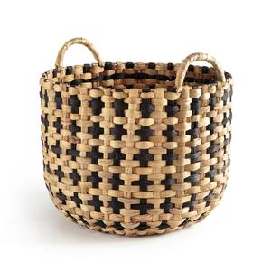<b>Round</b> water hyacinth <b>basket</b> in natural color with black accents Handmade Storage <b>Basket</b> Wholesale eco-friendly Made in Vietnam - Product Image 1