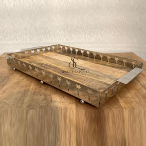 Elegante Bandeja Rectangular de Madera con Borde de Palmera Metálica Cortada con Láser y Asas Resistentes. Decoración y Artículos de Servicio para el Hogar de Lujo al por Mayor - Product Image 1