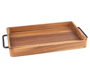 Plateau de service rectangulaire en bois d'acacia poli de haute qualité, moderne et écologique, avec poignée en métal et motif personnalisé pour les fêtes - Product Image 1
