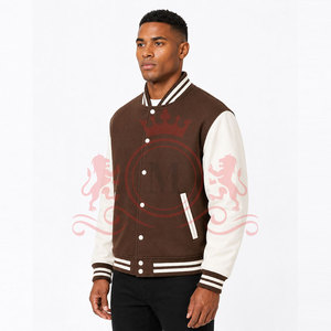 Stylish Daily Outfit Brown <b>White</b> Letterman <b>Jacket</b> Premium Soft Fabric Ribbed Hem Snap Closure - Product Image 3