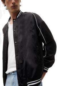 Custom Logo Front <b>Blue</b> Satin <b>Canvas</b> Varsity Bomber Jacket Men's Windbreaker Hip Hop Style - Product Image 3