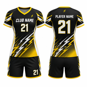 ชุดยูนิฟอร์มวอลเลย์บอล MEGAMAPLE สีดำเหลือง แบบยูนิเซ็กซ์ พิมพ์ลายแบบ Sublimation ระบายอากาศได้ดี ผลิตจากโพลีเอสเตอร์ไร้รอยต่อ พร้อมปักชื่อสโมสร สำหรับ 21 ผู้เล่น - Product Image 1