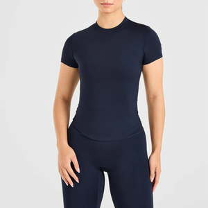 Camiseta de punto de manga corta para mujer con logo personalizado al por mayor, de color liso, ajuste ceñido, transpirable y que absorbe la humedad, top de moda. - Product Image 2