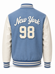Veste universitaire unisexe bleue avec manches en cuir blanc, logo N brodé, patchwork, streetwear éco-responsable, col rabattu, coupe classique - Product Image 4