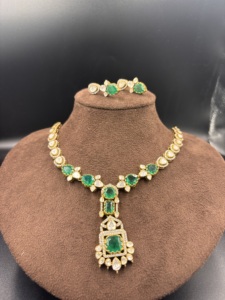Amaira Jewels Brass Green Doublet Pendant Sets CZ Polki Handmade Ethnic Women's Jewelry Cut Engagement <b>Statement</b> <b>Necklace</b> Set - Product Image 6
