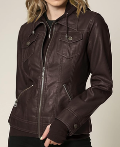 Chaqueta de cuero PU vintage para mujer, estilo casual con capucha, corte ajustado, color camel con efecto deslavado americano, ideal para otoño e invierno. - Product Image 4