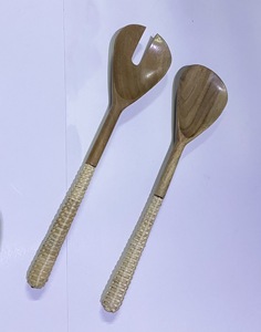 Latest Design Acacia Wood <b>Salad</b> <b>Server</b> with Hand Woven Rattan Handle Utensils Wooden Cutlery <b>Salad</b> Spoon Fork Set Serving Spoon - Product Image 5