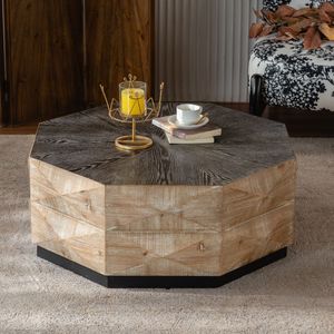 Tavolino da Caffè Ottagonale in Legno Stile Retrò da 38 Pollici con Motivo Tridimensionale in Rilievo, Tavolo da Cocktail Rustico Centrotavola - Product Image 1